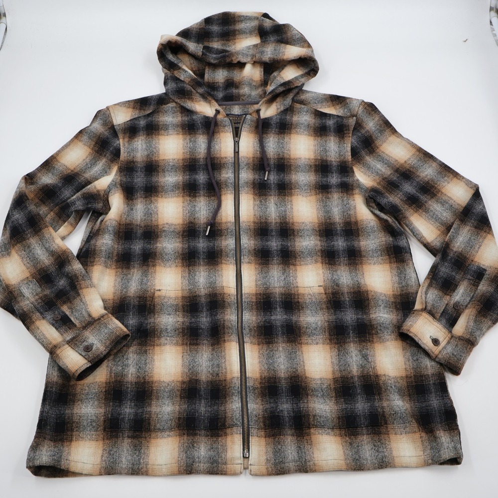 Pendleton Hooded Plaid Wool Jacket Mens Large Tan Black Full Zip USA Fabric